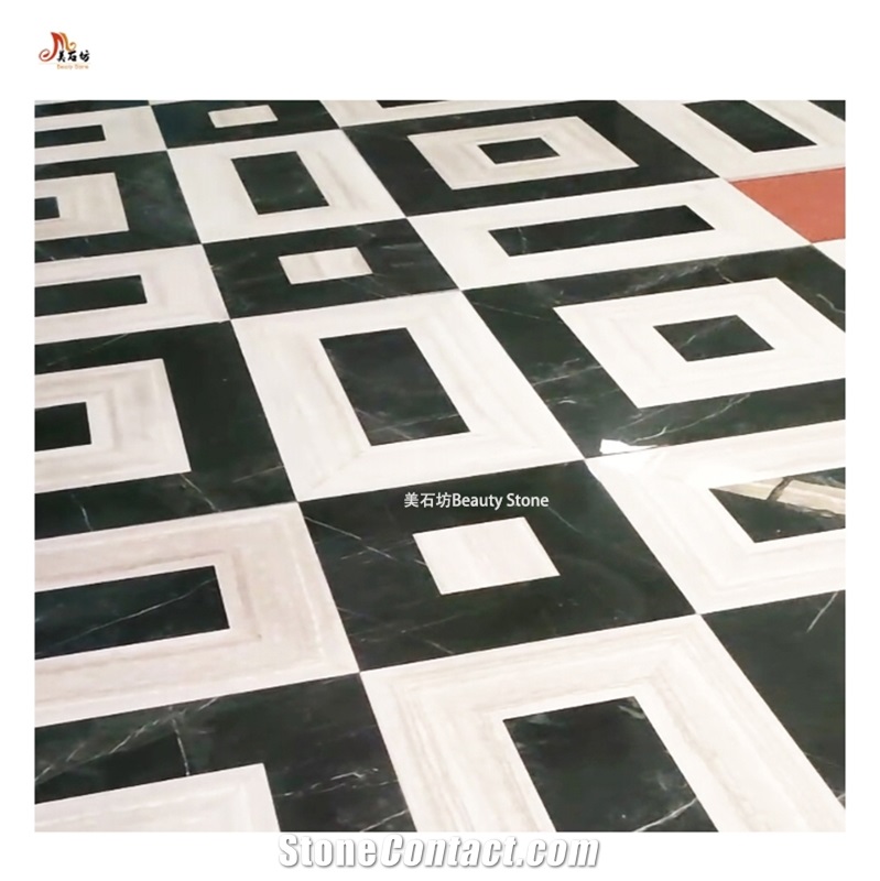 Black And White Combined Design Waterjet Marble Pattern