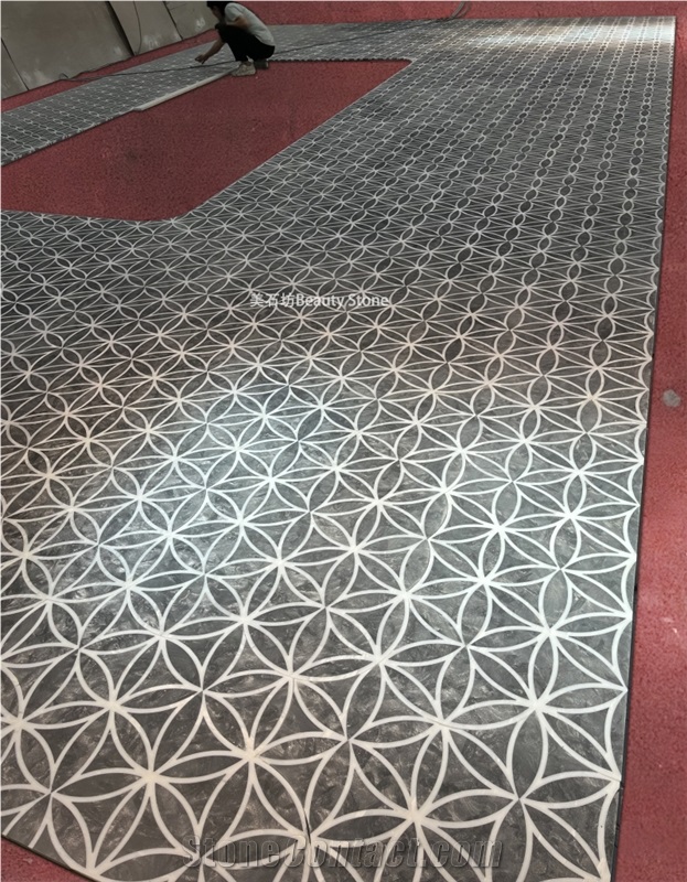 Black Circle Design Natural Water Jet Marble Floor Tiles