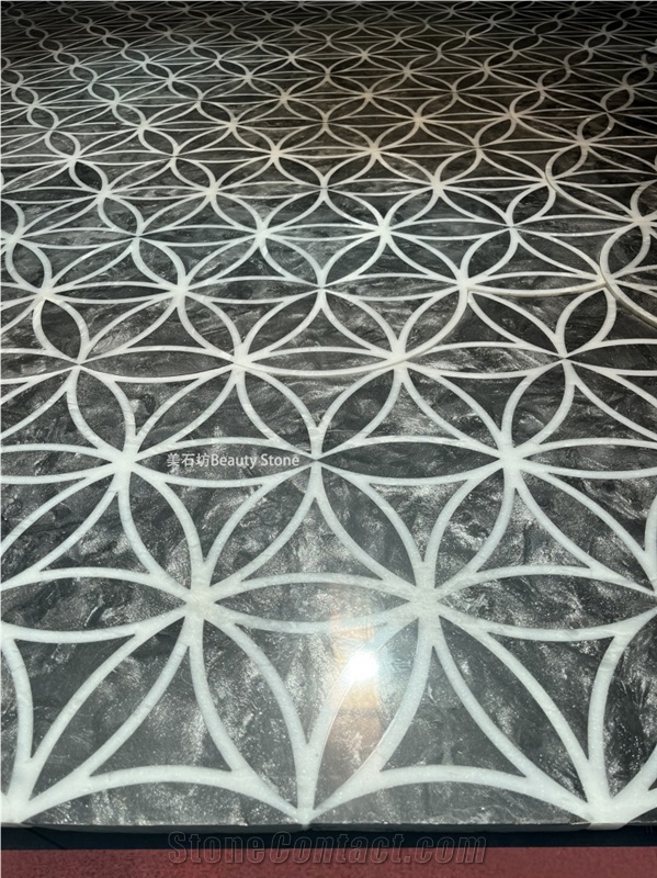 Black Circle Design Natural Water Jet Marble Floor Tiles