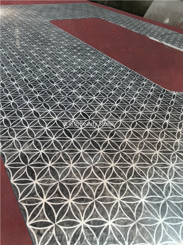 Black Circle Design Natural Water Jet Marble Floor Tiles