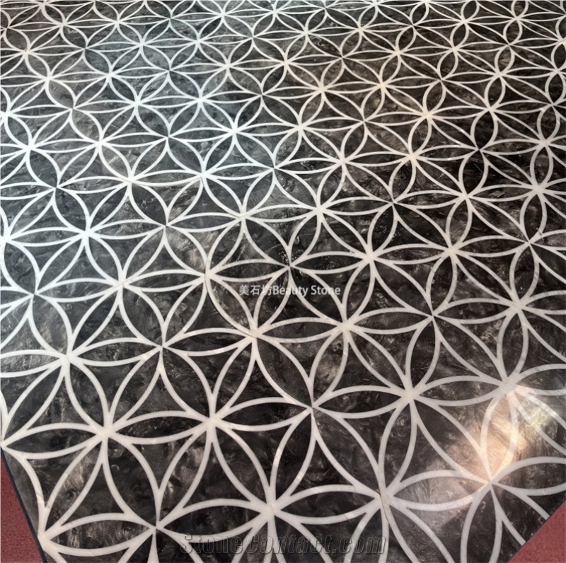 Black Circle Design Natural Water Jet Marble Floor Tiles