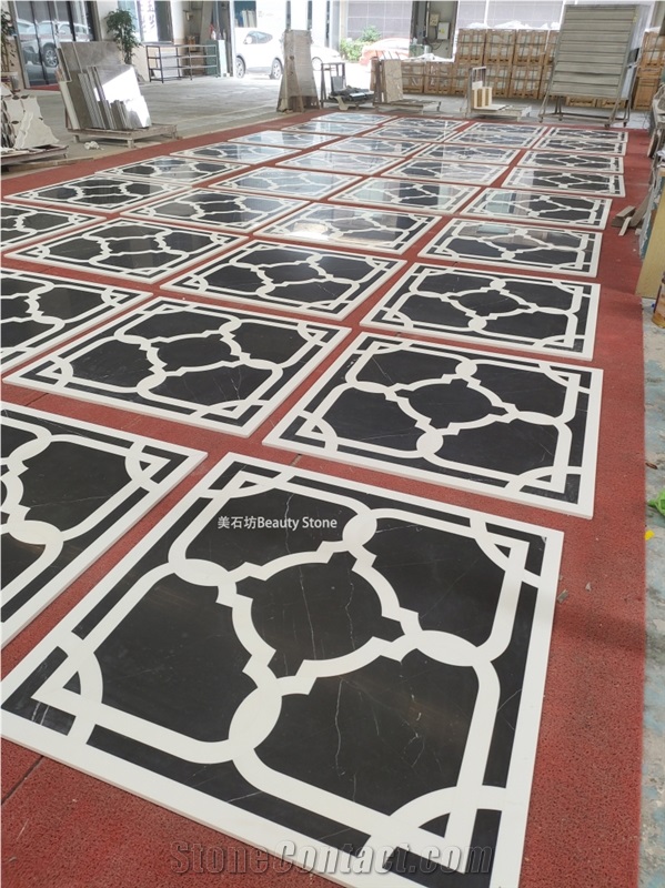 Black Square Water Jet Floor Marble Pattern