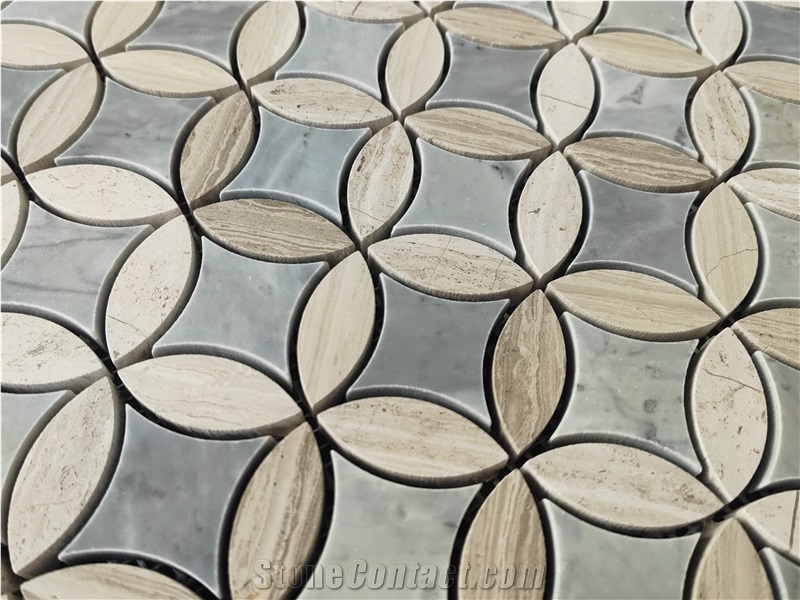 Blue Round Ancient Coin Tulip Marble Polished  Mosaic Tiles