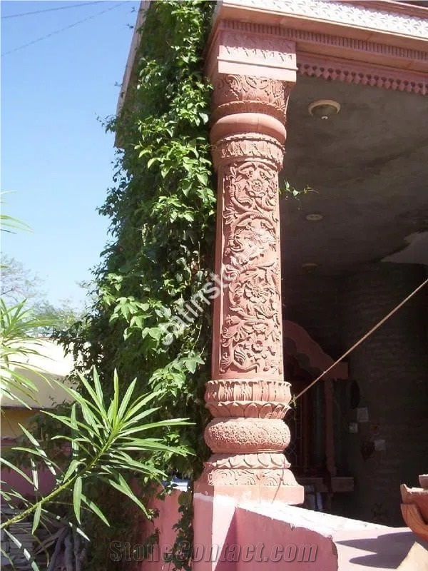 Agra Red Sandstone Carved Pillar Column