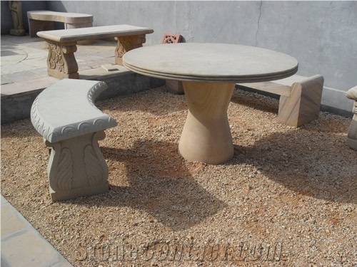Dholpur Beige Sandstone  Furniture, Garden Bench And Table