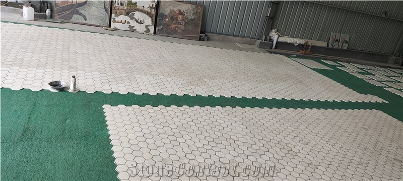 White Carrara Marble Hexagon Mosaic Tile With Copper Strips