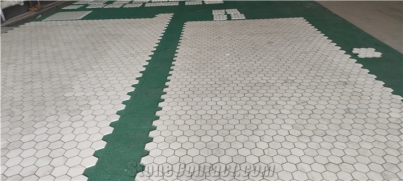 White Carrara Marble Hexagon Mosaic Tile With Copper Strips