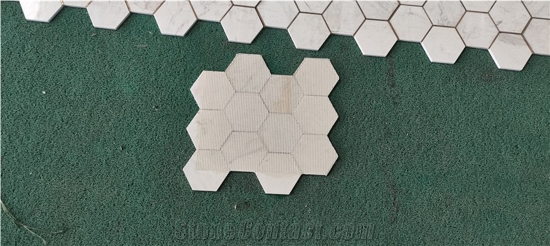 White Carrara Marble Hexagon Mosaic Tile With Copper Strips