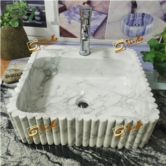 Carrara White Marble Rectangular Carved Sink