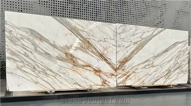 Book Matching Polishing Calacatta Vagli Gold Marble Slabs