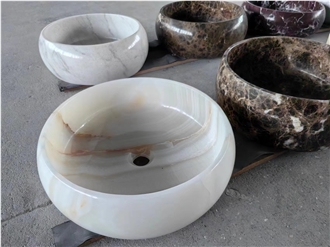 White Onyx Stone Round Basin For Bathroom Vanity