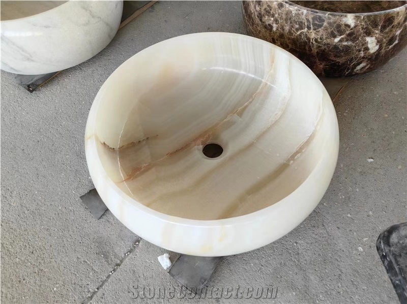 White Onyx Stone Round Basin For Bathroom Vanity