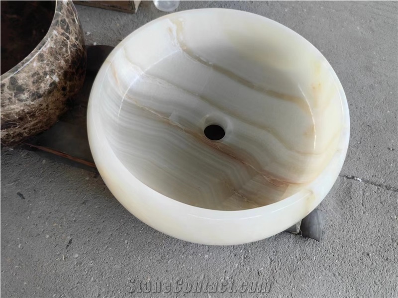 White Onyx Stone Round Basin For Bathroom Vanity