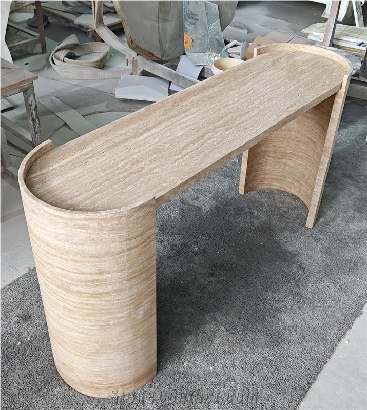HRST Beige Travertine Console Entry Table With Arch On Sale