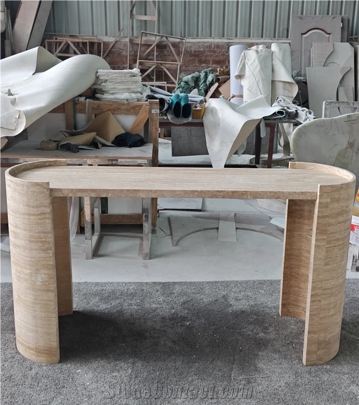 HRST Beige Travertine Console Entry Table With Arch On Sale