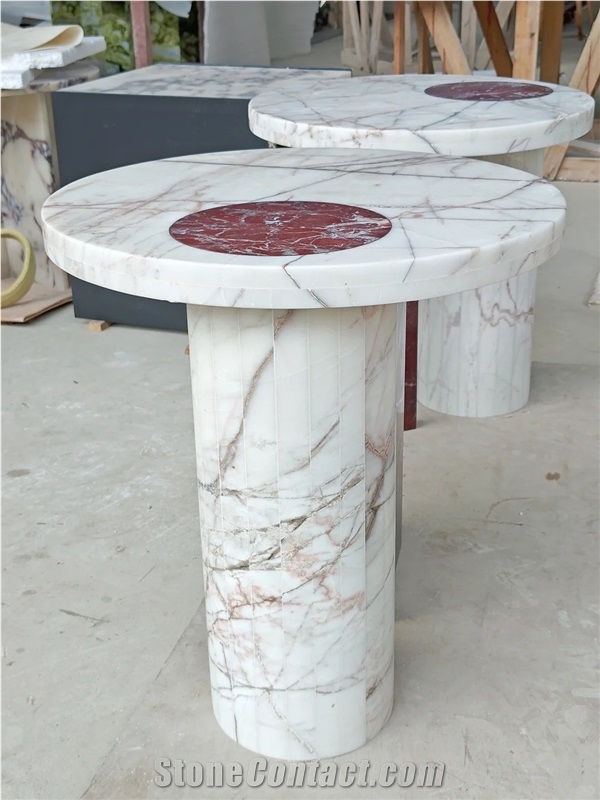 HRST Custom White Marble Coffee Side Stone Table On Sale