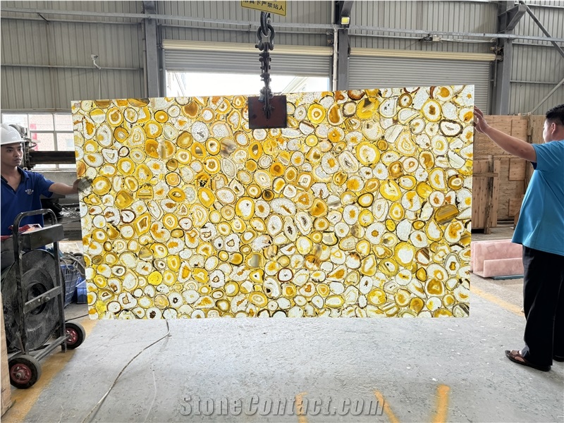 Backlit Natural Polished Yellow Agate Gemstone Wall Panels