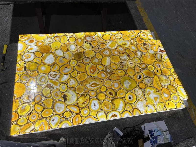 Backlit Natural Polished Yellow Agate Gemstone Wall Panels