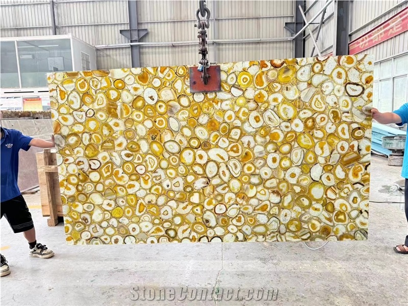 Backlit Natural Polished Yellow Agate Gemstone Wall Panels