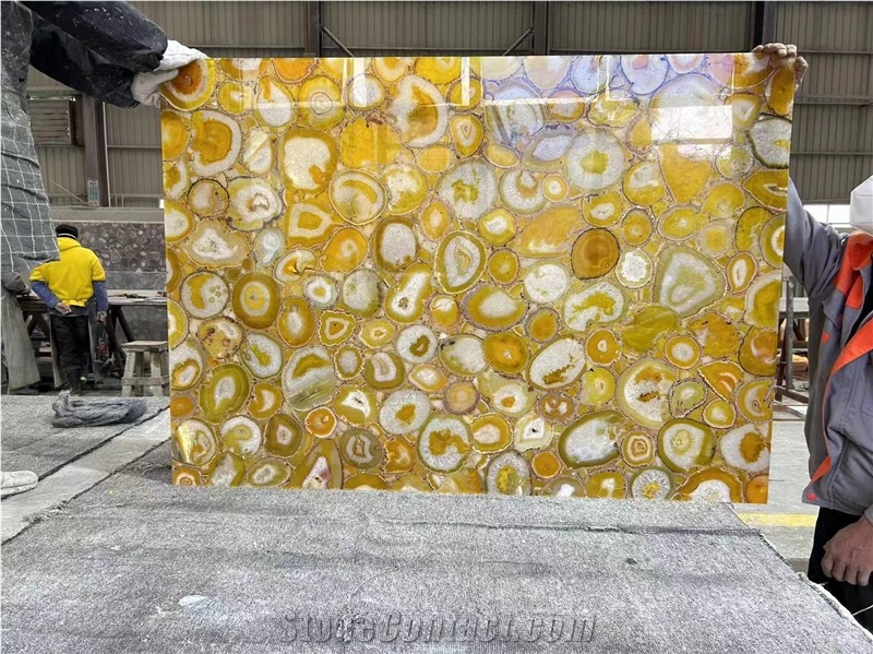 Backlit Natural Polished Yellow Agate Gemstone Wall Panels