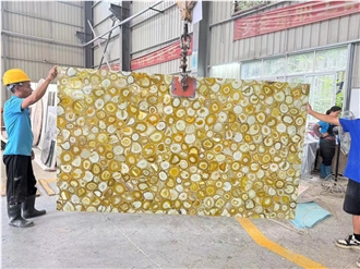 Backlit Natural Polished Yellow Agate Gemstone Wall Panels