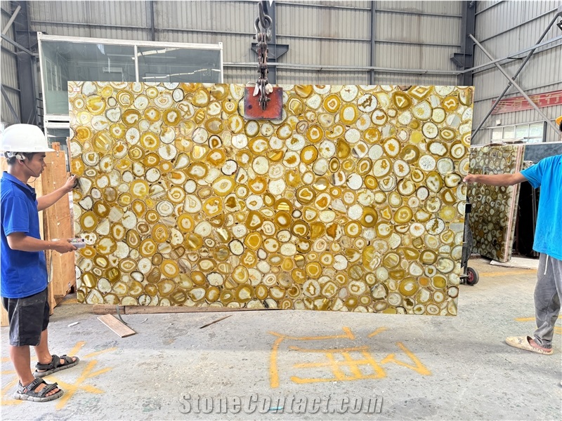 Backlit Natural Polished Yellow Agate Gemstone Wall Panels