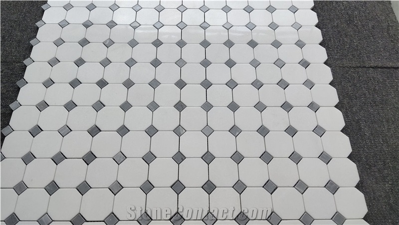 Greece Thassos White Octagon Mosaic Tiles With Grey Dots