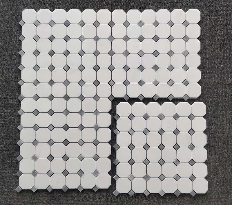 Greece Thassos White Octagon Mosaic Tiles With Grey Dots