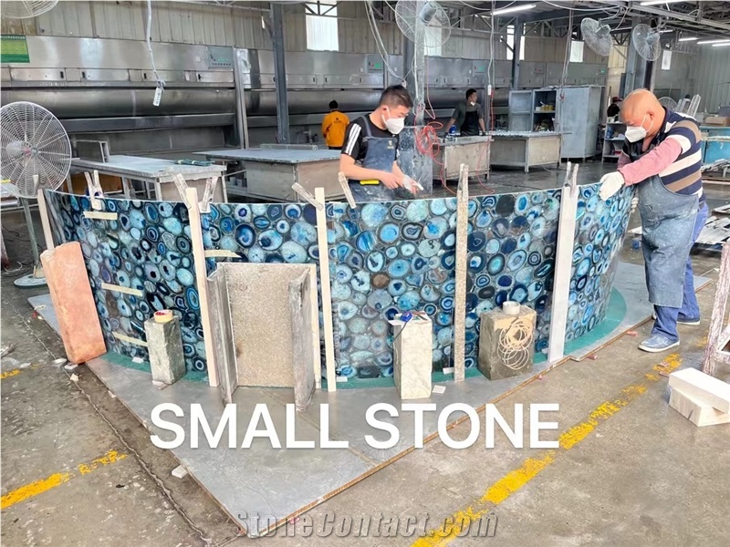 Backlit Blue Agate Semiprecious Stone Commercial Bar Countertop