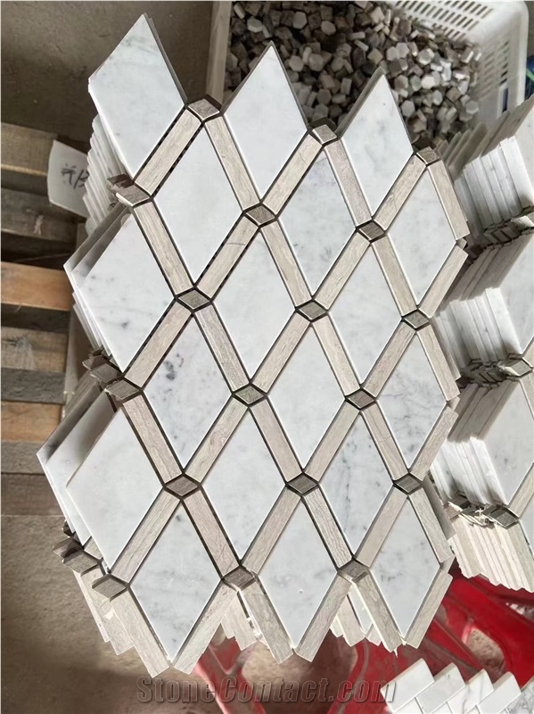 Bianco Carrara And White Wood Marble Diamond Mosaic Tiles