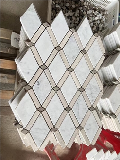 Bianco Carrara And White Wood Marble Diamond Mosaic Tiles