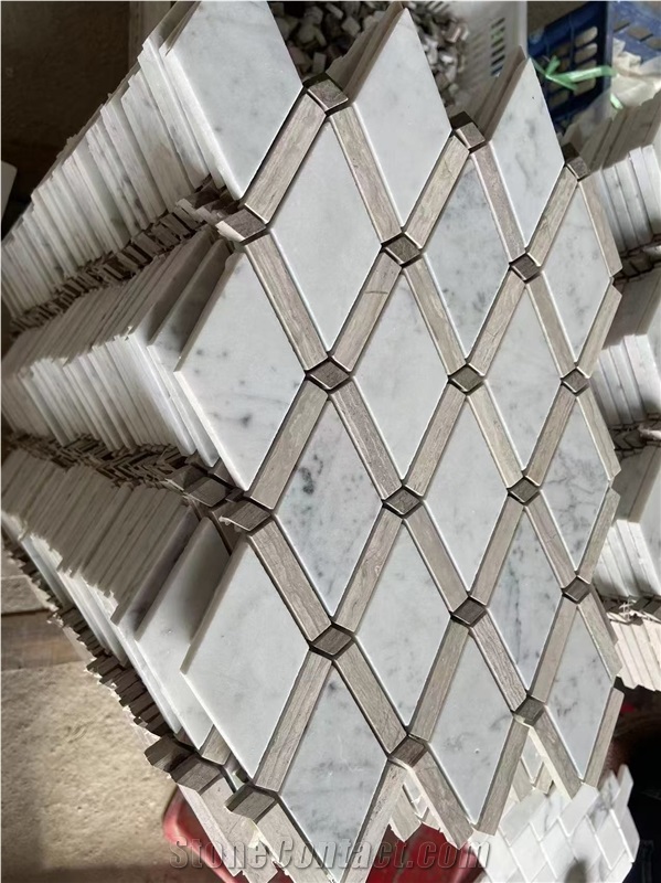 Bianco Carrara And White Wood Marble Diamond Mosaic Tiles