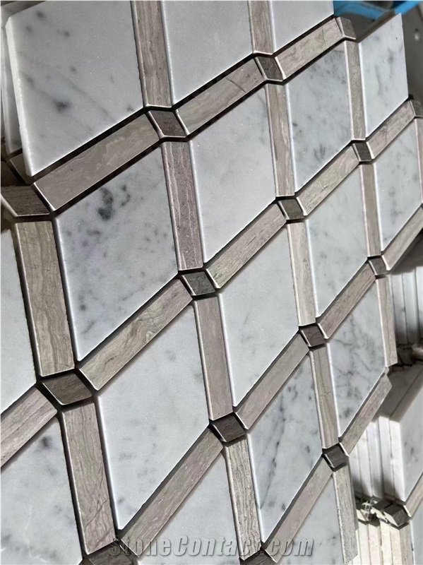 Bianco Carrara And White Wood Marble Diamond Mosaic Tiles