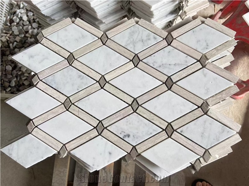 Bianco Carrara And White Wood Marble Diamond Mosaic Tiles