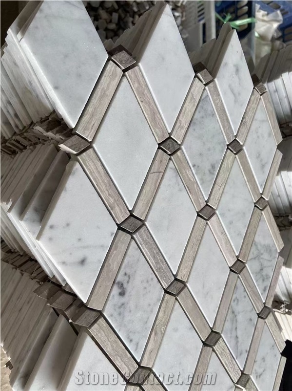 Bianco Carrara And White Wood Marble Diamond Mosaic Tiles
