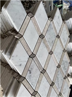 Bianco Carrara And White Wood Marble Diamond Mosaic Tiles