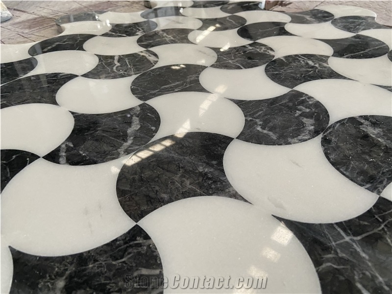 Black And White Marble Medallions Inlay Flooring Tiles