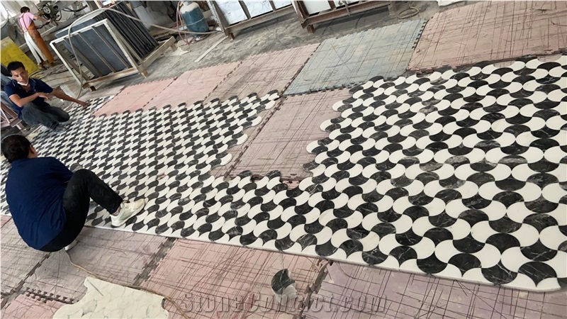 Black And White Marble Medallions Inlay Flooring Tiles