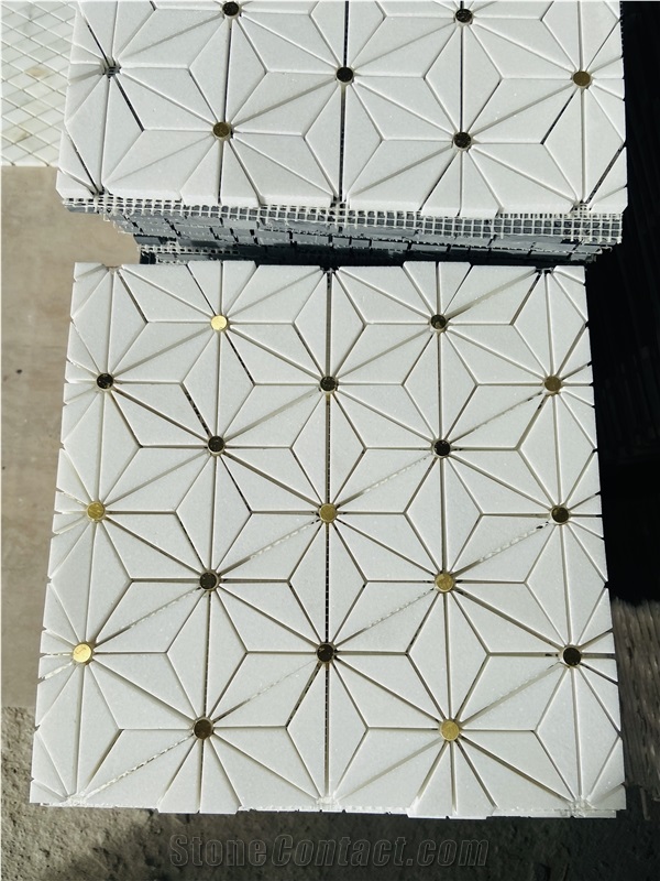 Crystal White Marble Mixed Brass Waterjet Mosaic Tiles