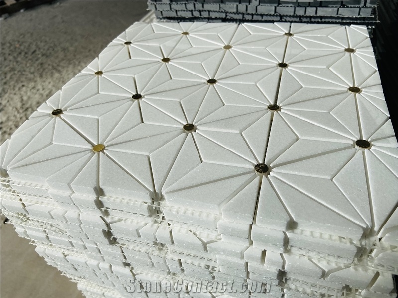 Crystal White Marble Mixed Brass Waterjet Mosaic Tiles