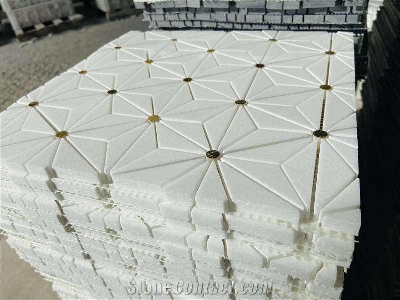 Crystal White Marble Mixed Brass Waterjet Mosaic Tiles