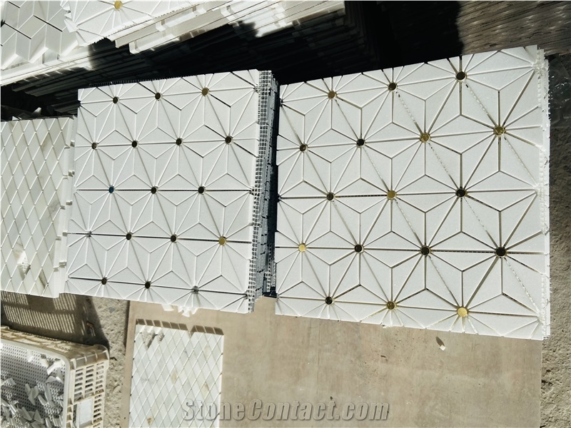 Crystal White Marble Mixed Brass Waterjet Mosaic Tiles