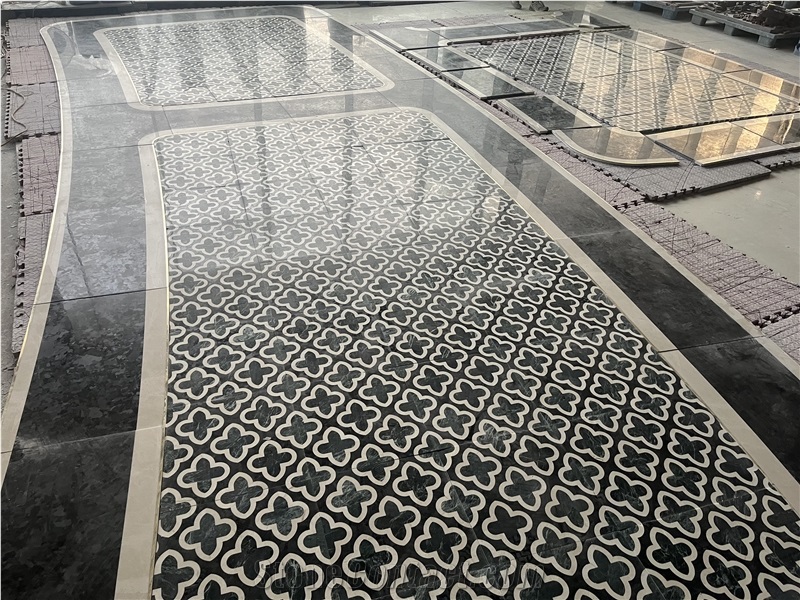 Hotel Entrance Project White Black Marble Flooring Waterjet Cut Floor Pattern Medallions