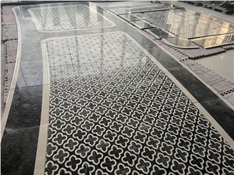 Hotel Entrance Project White Black Marble Flooring Waterjet Cut Floor Pattern Medallions Hotel Entrance Project White Black Marble Flooring Waterjet Cut Floor Pattern Medallions