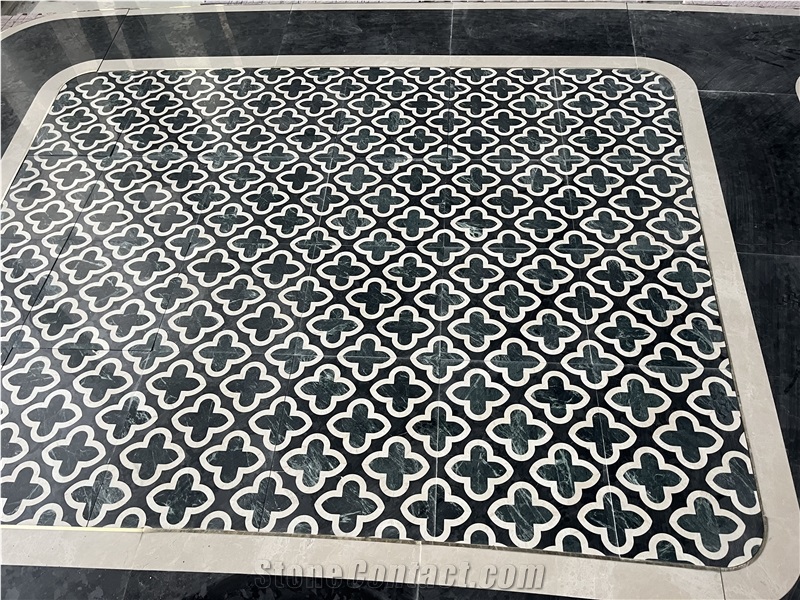 Hotel Entrance Project White Black Marble Flooring Waterjet Cut Floor Pattern Medallions