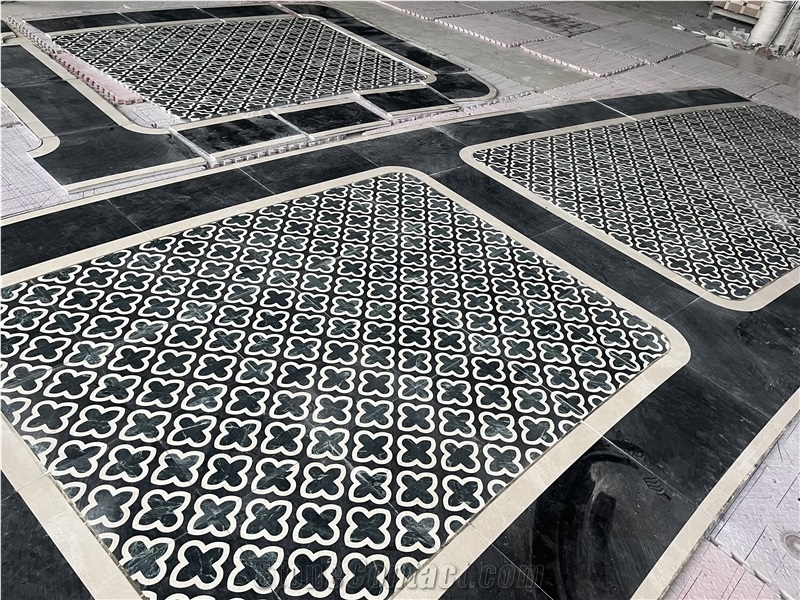 Hotel Entrance Project White Black Marble Flooring Waterjet Cut Floor Pattern Medallions