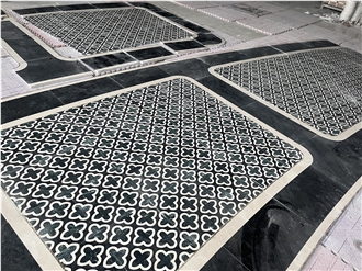 Hotel Entrance Project White Black Marble Flooring Waterjet Cut Floor Pattern Medallions