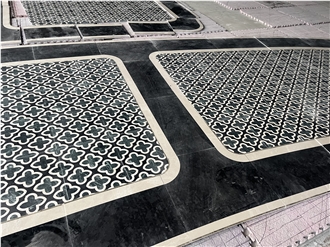 Hotel Entrance Project White Black Marble Flooring Waterjet Cut Floor Pattern Medallions