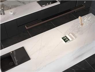 Plain White Fish Belly Marble Pattern Quartz Slabs