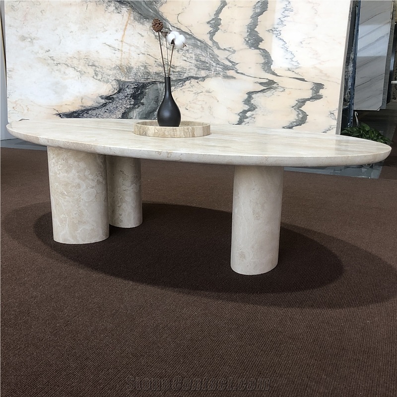Natural Stone Oval Shaped White Travertine Coffee Table